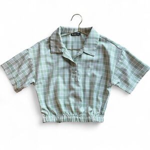 Very J Green Plaid Cropped Polo Shirt – Y2K Preppy Elastic Hem Top